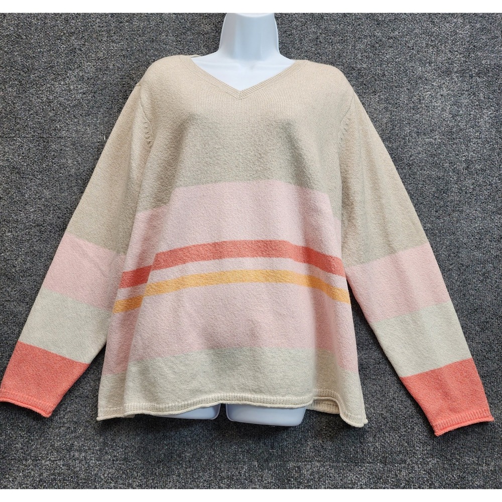 J. Jill Women's Striped V-Neck Knit Pullover Sweater Pastel Preppy Coastal 2X